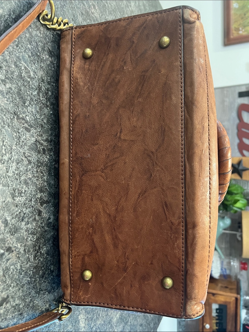 Frye Cognac Brown Leather Satchel with Chain-Leather Strap - Picture 7 of 16